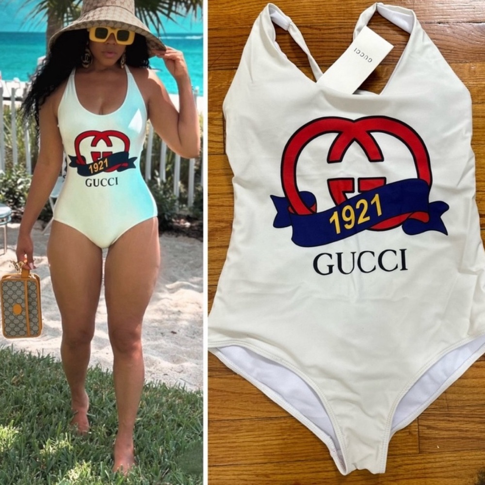 New Vintage Gucci Sparkling 1982 Logo Printed Jersey One Piece Swimsuit